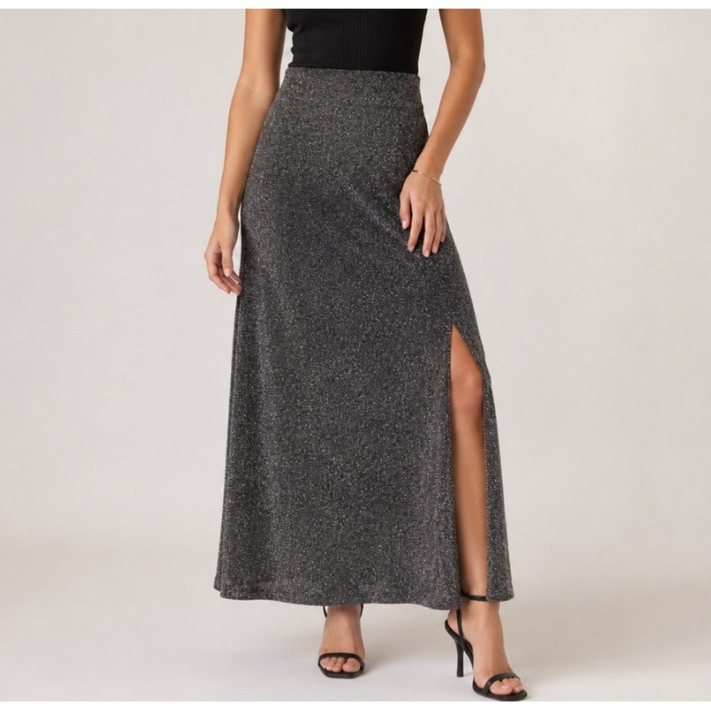Originality Metallic Maxi Skirt XL‎ Pull On Silver Shimmer Glam Party Y2k Cyber
